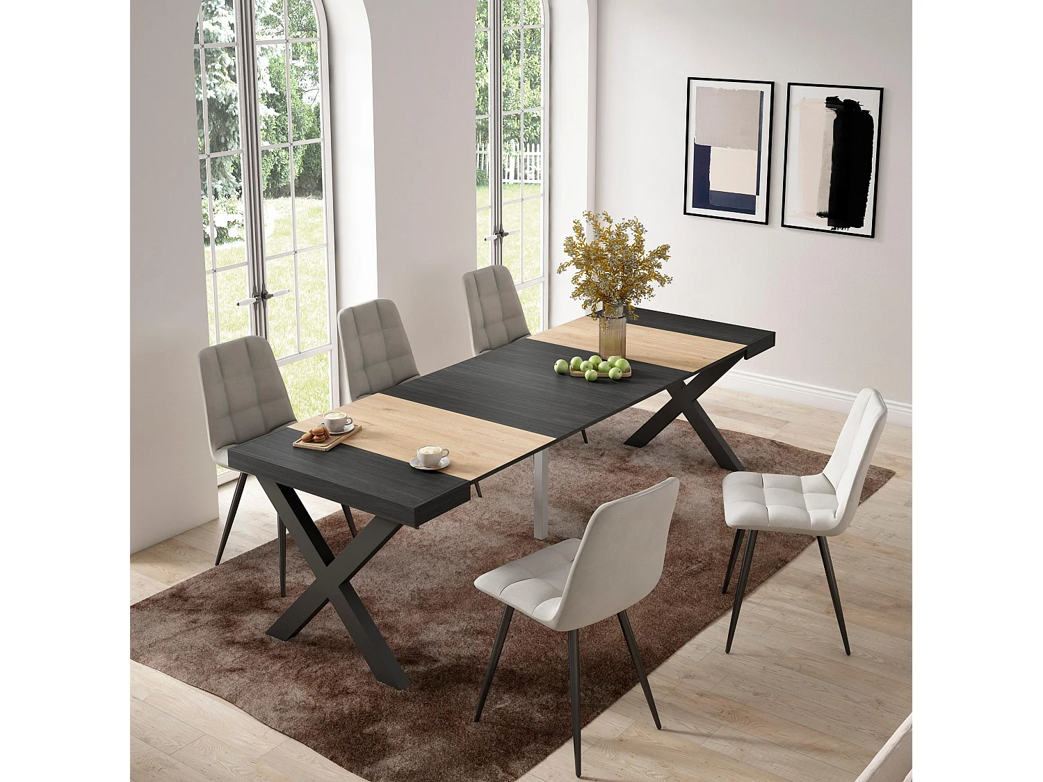 Mesa Consola Extensível, 262x90x73cm, Para 12 pessoas, Pés de madeira, Carvahlo e preto