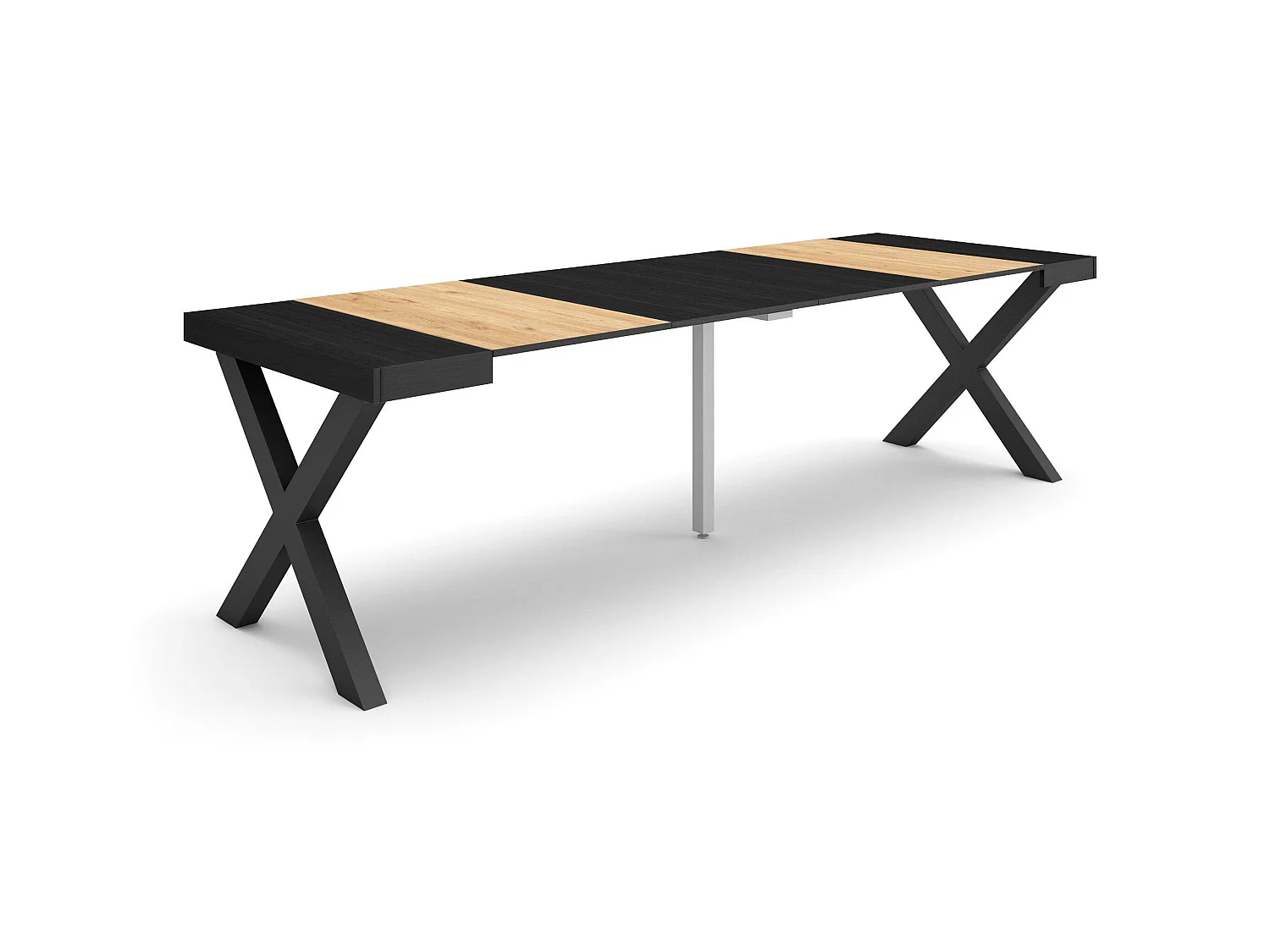 Table console extensible, 262x90x73cm, Pour 12 personnes, Pieds bois massif, Chêne et noir