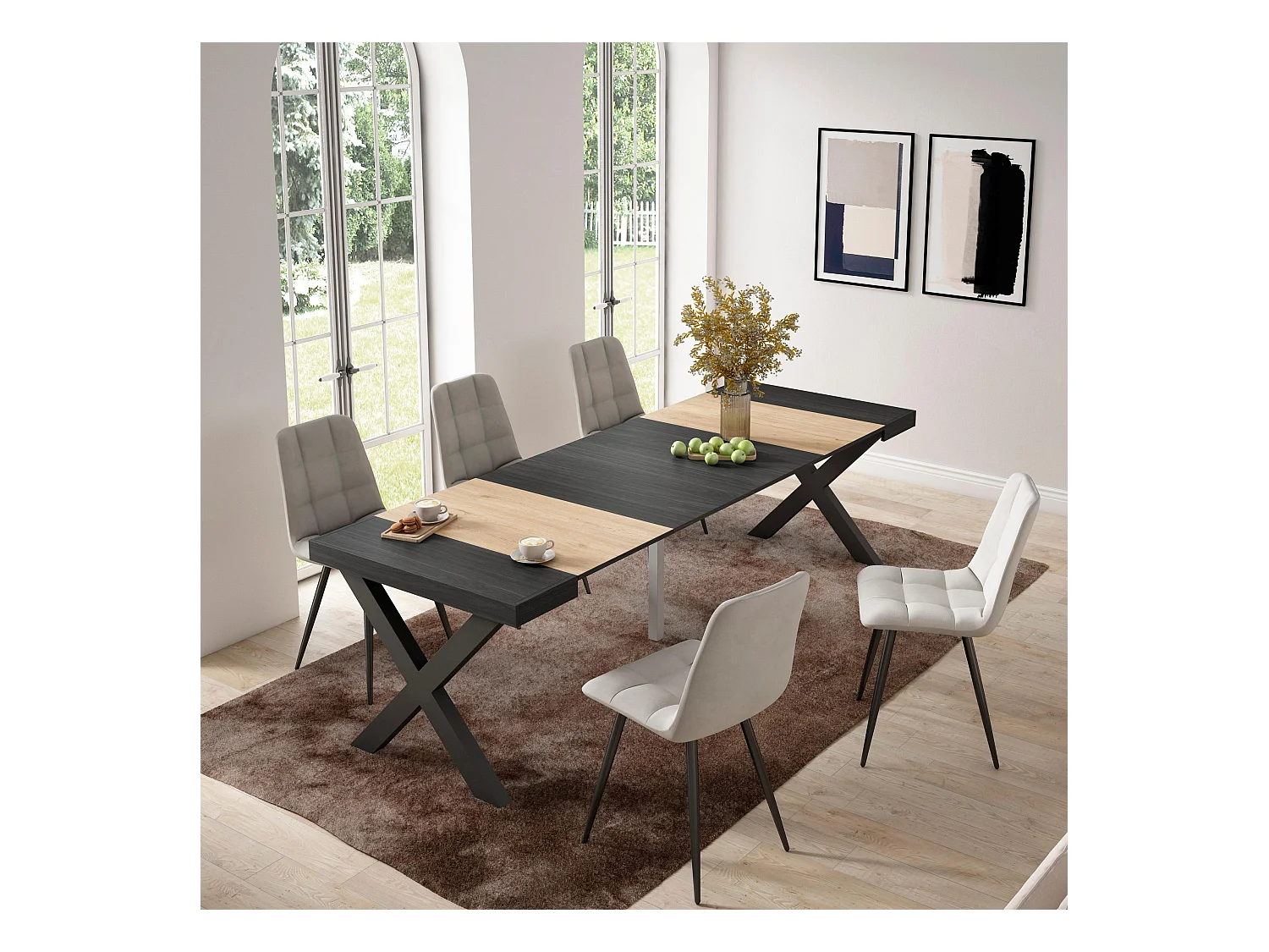 Uitschuifbare Consoletafel, 262x90x73cm, Voor 12 personen, Massief houten poten, Eiken/Zwart