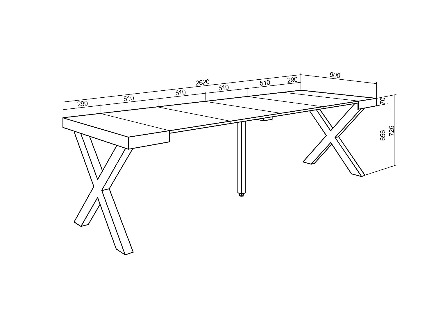 Uitschuifbare Consoletafel, 262x90x73cm, Voor 12 personen, Massief houten poten, Eiken/Zwart