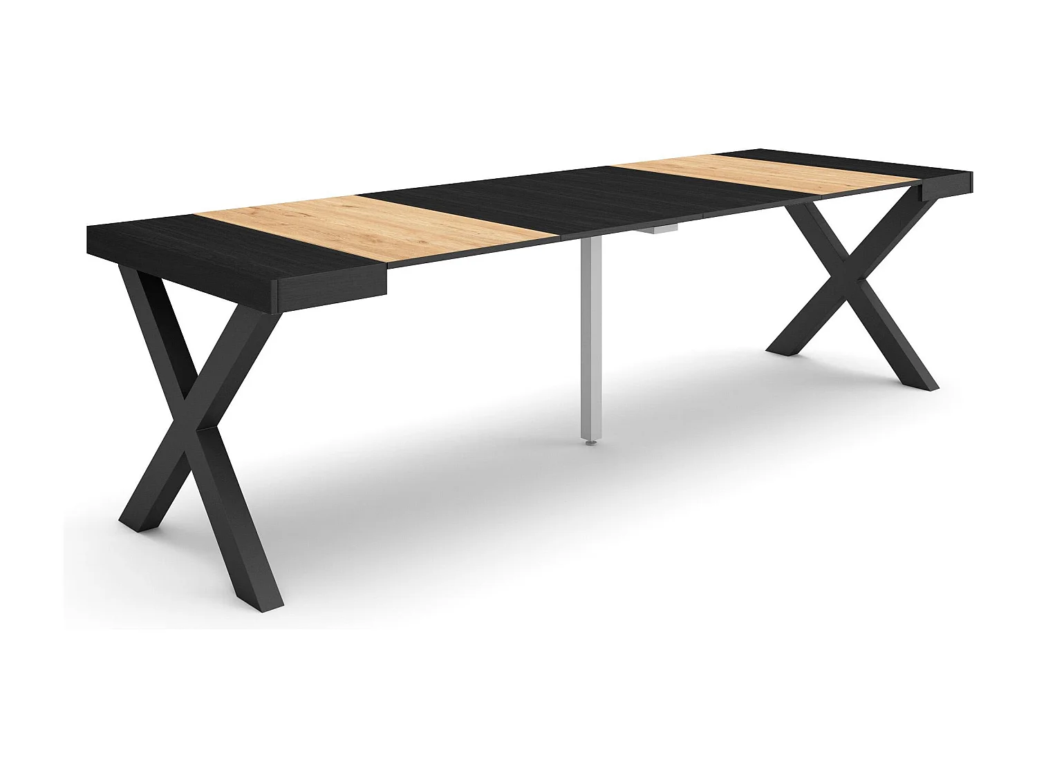 Table console extensible, 262x90x73cm, Pour 12 personnes, Pieds bois massif, Chêne et noir