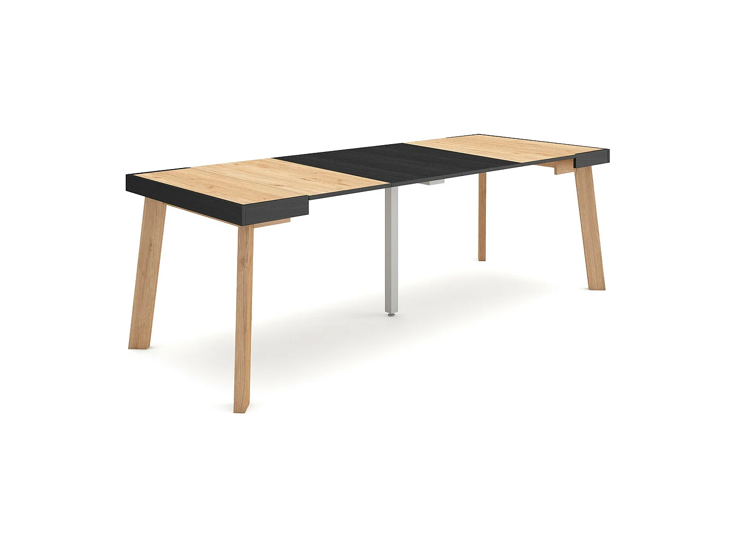 Table console extensible, 222x90x73cm, Pour 10 personnes, Pieds en bois, Chêne et noir