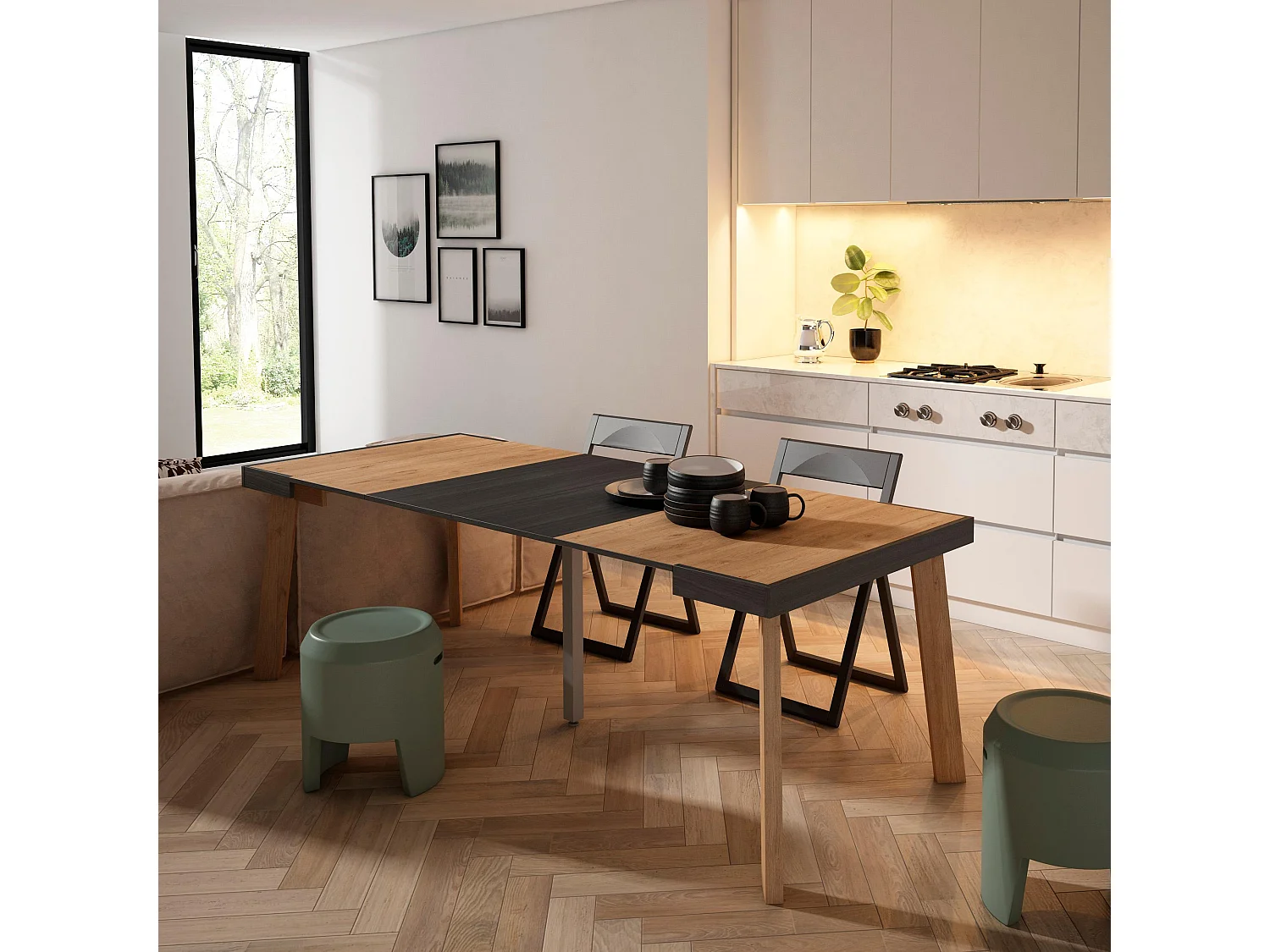 Table console extensible, 222x90x73cm, Pour 10 personnes, Pieds en bois, Chêne et noir