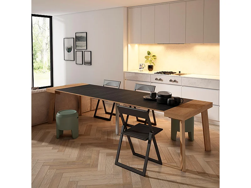 Ausziehbarertisch, 302x90x73cm, Für 14 Gäste, Hölzerne Beine, Eiche Schwarz