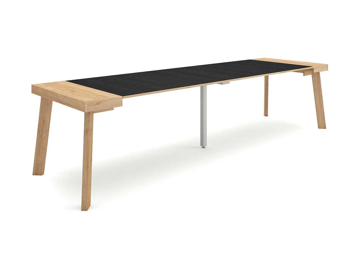 Table console extensible, 302x90x73cm, Pour 14 personnes, Pieds en bois, Chêne et noir