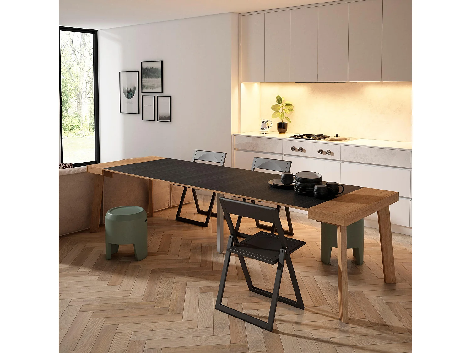 Table console extensible, 302x90x73cm, Pour 14 personnes, Pieds en bois, Chêne et noir