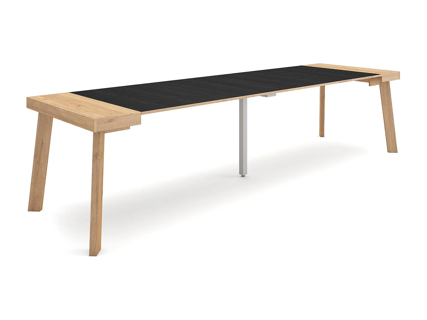 Table console extensible, 302x90x73cm, Pour 14 personnes, Pieds en bois, Chêne et noir