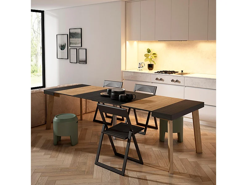 Uitschuifbare Consoletafel, 262x90x73cm, Voor 12 personen, Houten poten, Zwart/Eiken