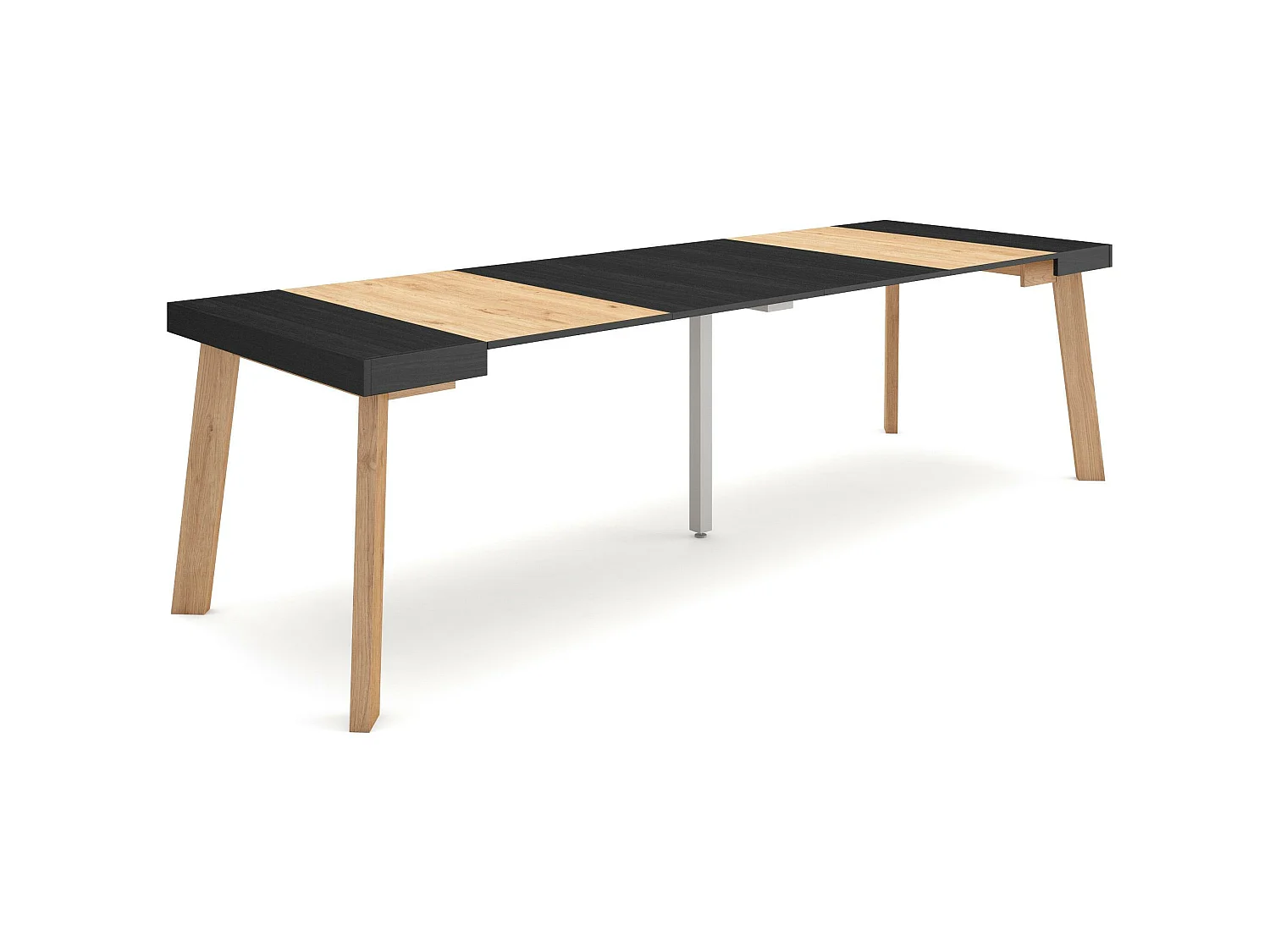 Table console extensible, 262x90x73cm, Pour 12 personnes, Pieds en bois, Noir et chêne