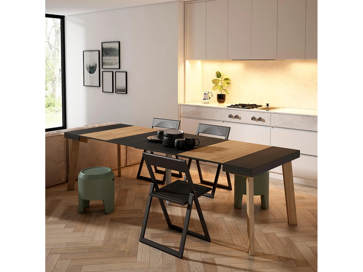 Table console extensible, 262x90x73cm, Pour 12 personnes, Pieds en bois, Noir et chêne