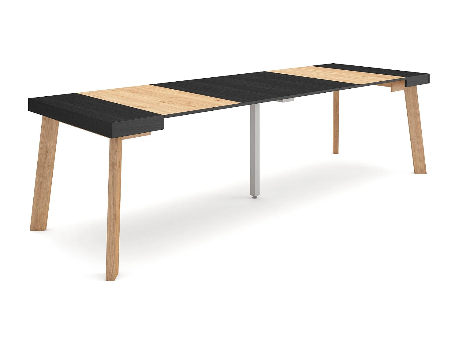 Table console extensible, 262x90x73cm, Pour 12 personnes, Pieds en bois, Noir et chêne