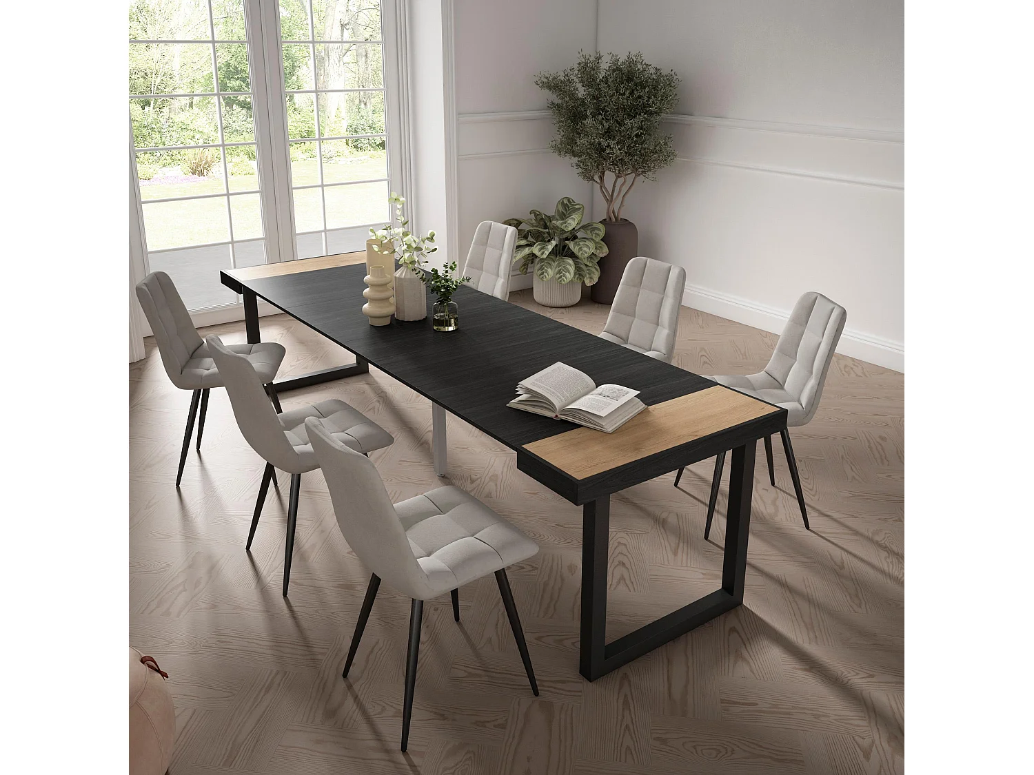 Table console extensible, 302x90x73cm, Pour 14 personnes, Pieds bois massif, Chêne et noir