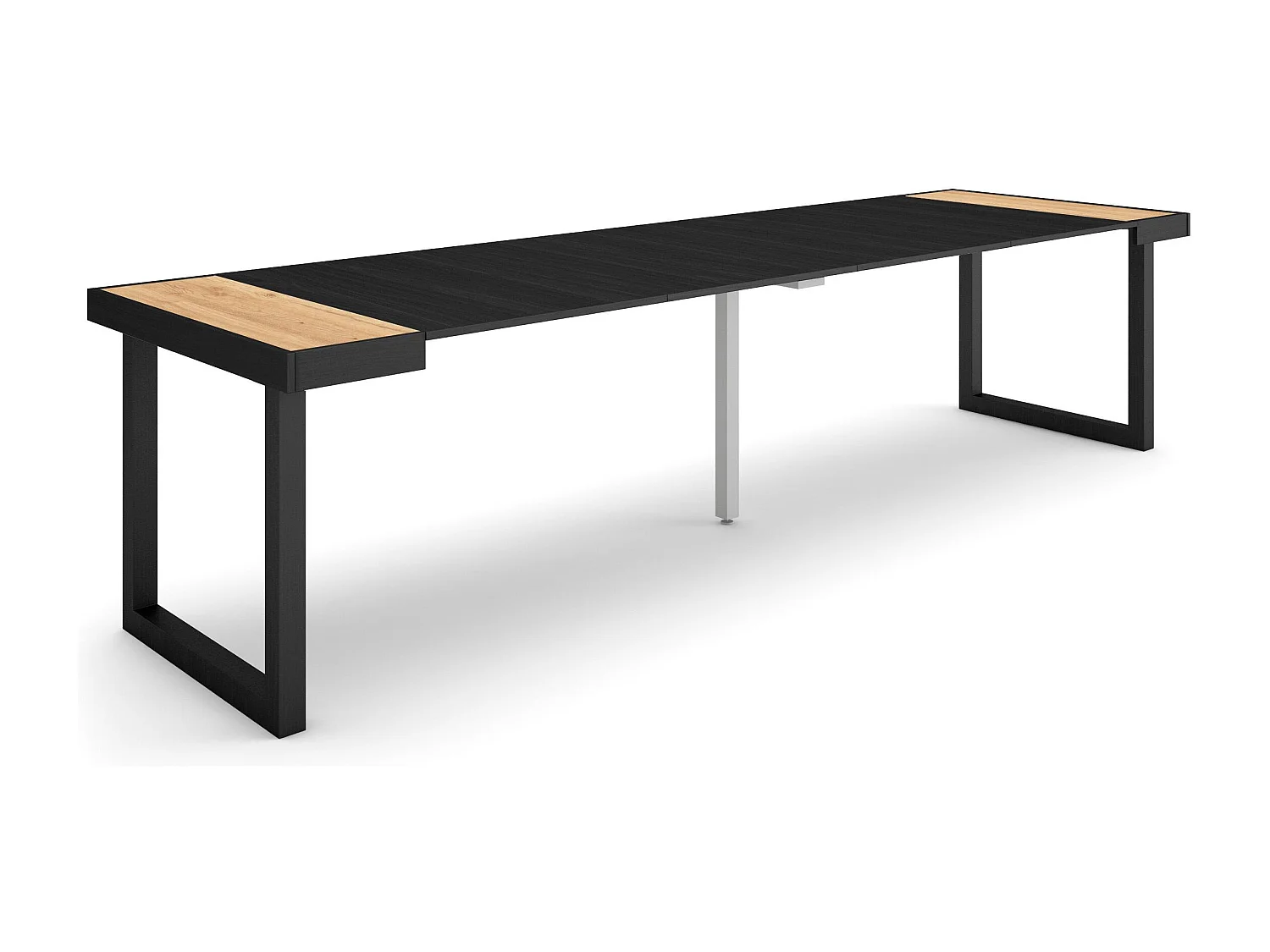 Table console extensible, 302x90x73cm, Pour 14 personnes, Pieds bois massif, Chêne et noir