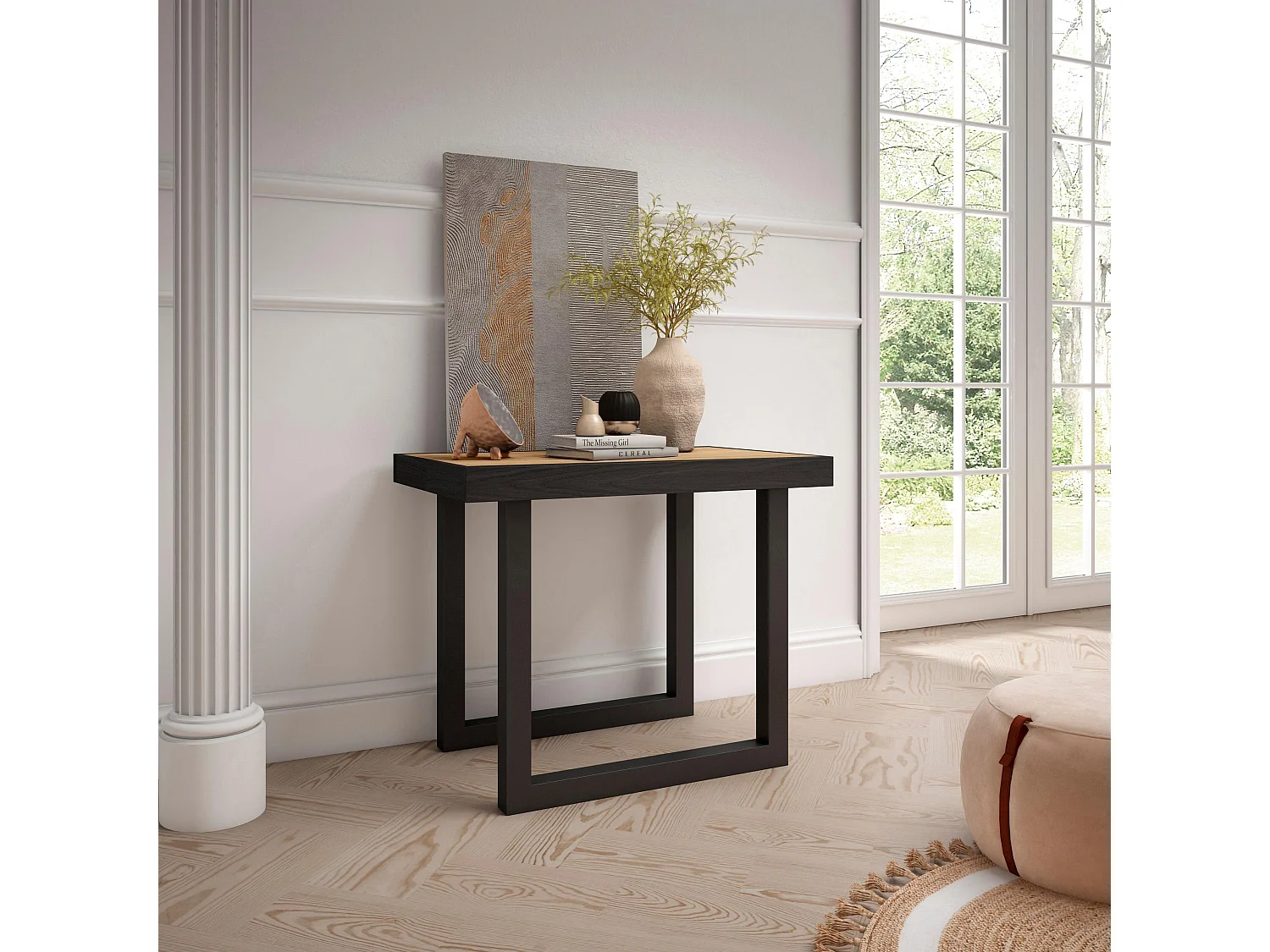 Table console extensible, 302x90x73cm, Pour 14 personnes, Pieds bois massif, Chêne et noir