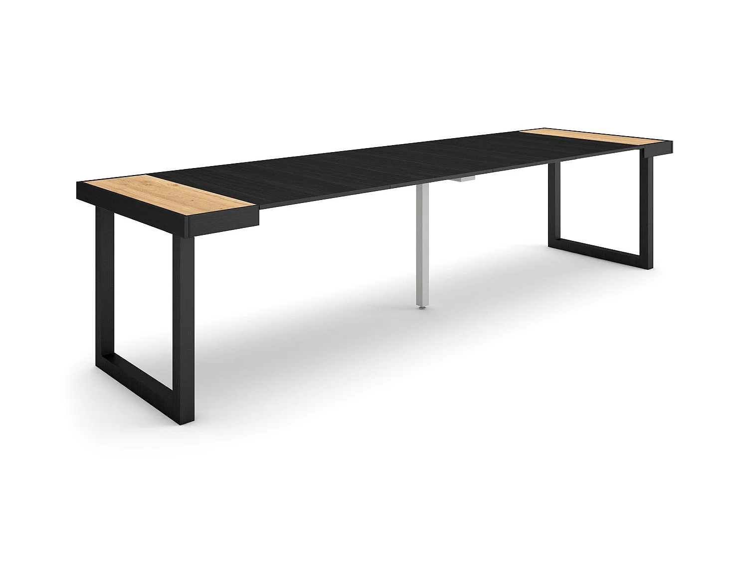 Table console extensible, 302x90x73cm, Pour 14 personnes, Pieds bois massif, Chêne et noir