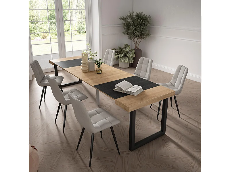 Uitschuifbare Consoletafel, 302x90x73cm, Voor 14 personen, Massief houten poten, Eiken/Zwart