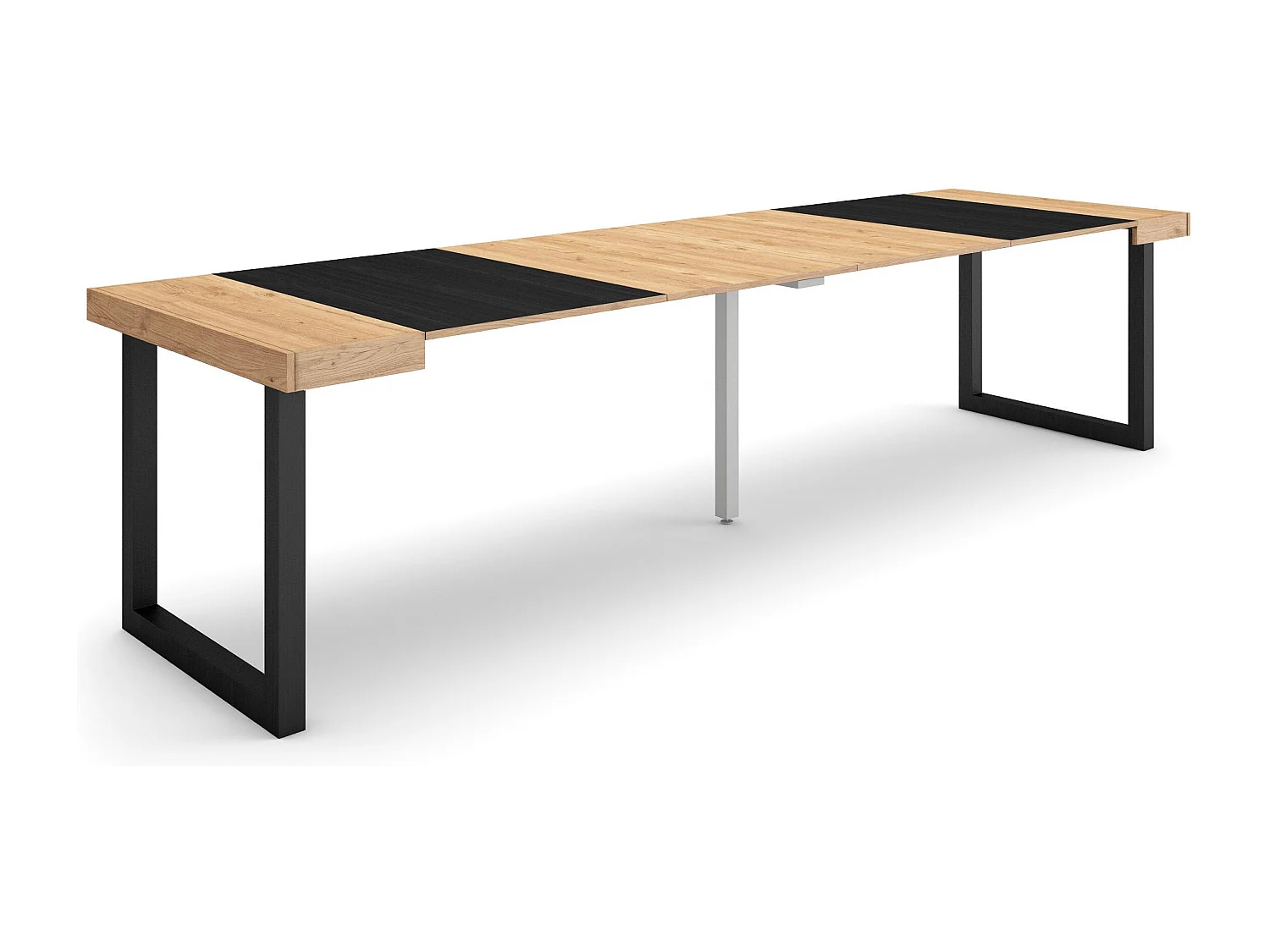 Mesa Consola Extensível, 302x90x73cm, Para 14 pessoas, Pés de madeira, Carvahlo e preto
