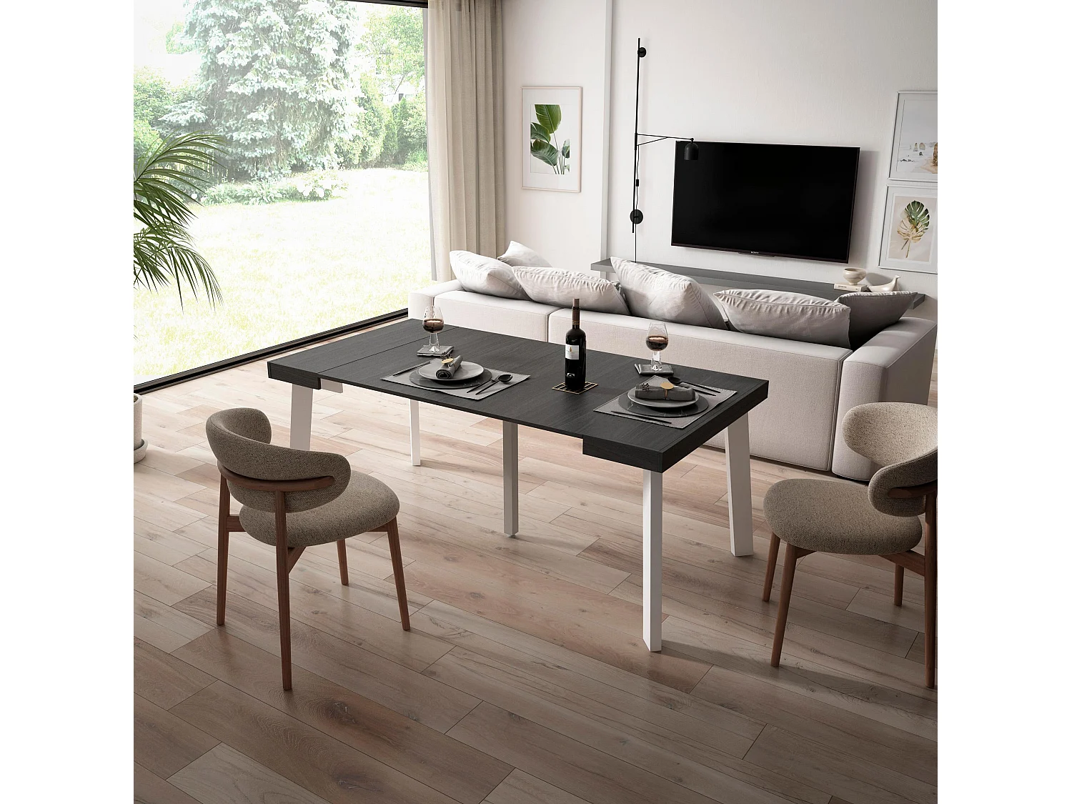 Uitschuifbare Consoletafel, 180x90x73cm, Voor 8 personen, Houten poten, Zwart