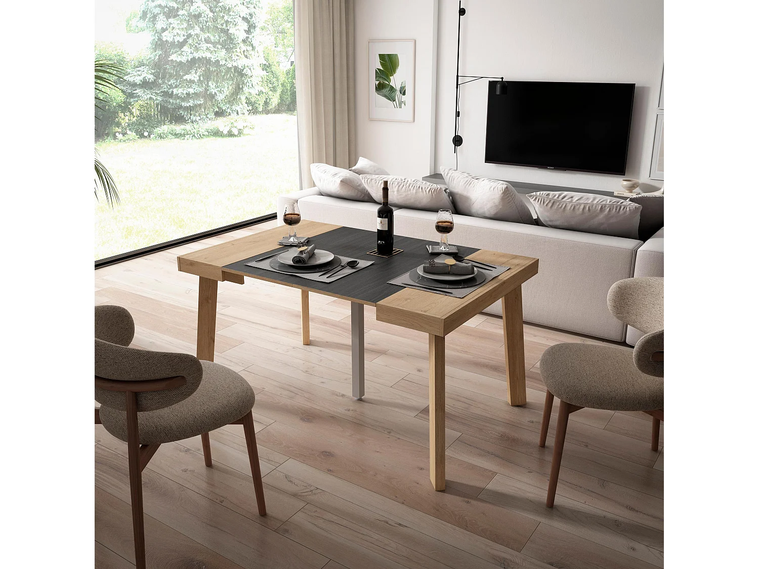 Mesa Consola Extensível, 140x90x73cm, Para 6 pessoas, Pés de madeira, Carvahlo e preto