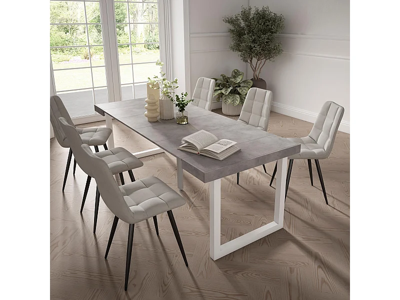 Table console extensible, 222x90x73cm, Pour 10 personnes, Pieds bois massif, Ciment