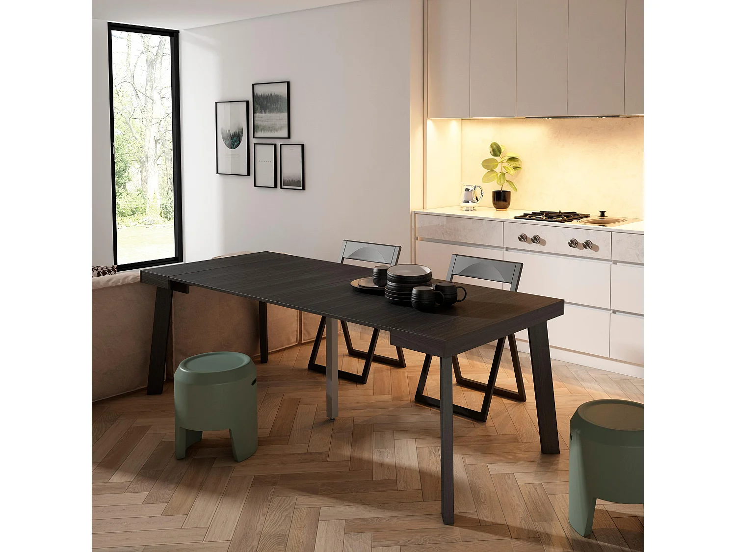 Table console extensible, 222x90x73cm, Pour 10 personnes, Pieds en bois, Noir