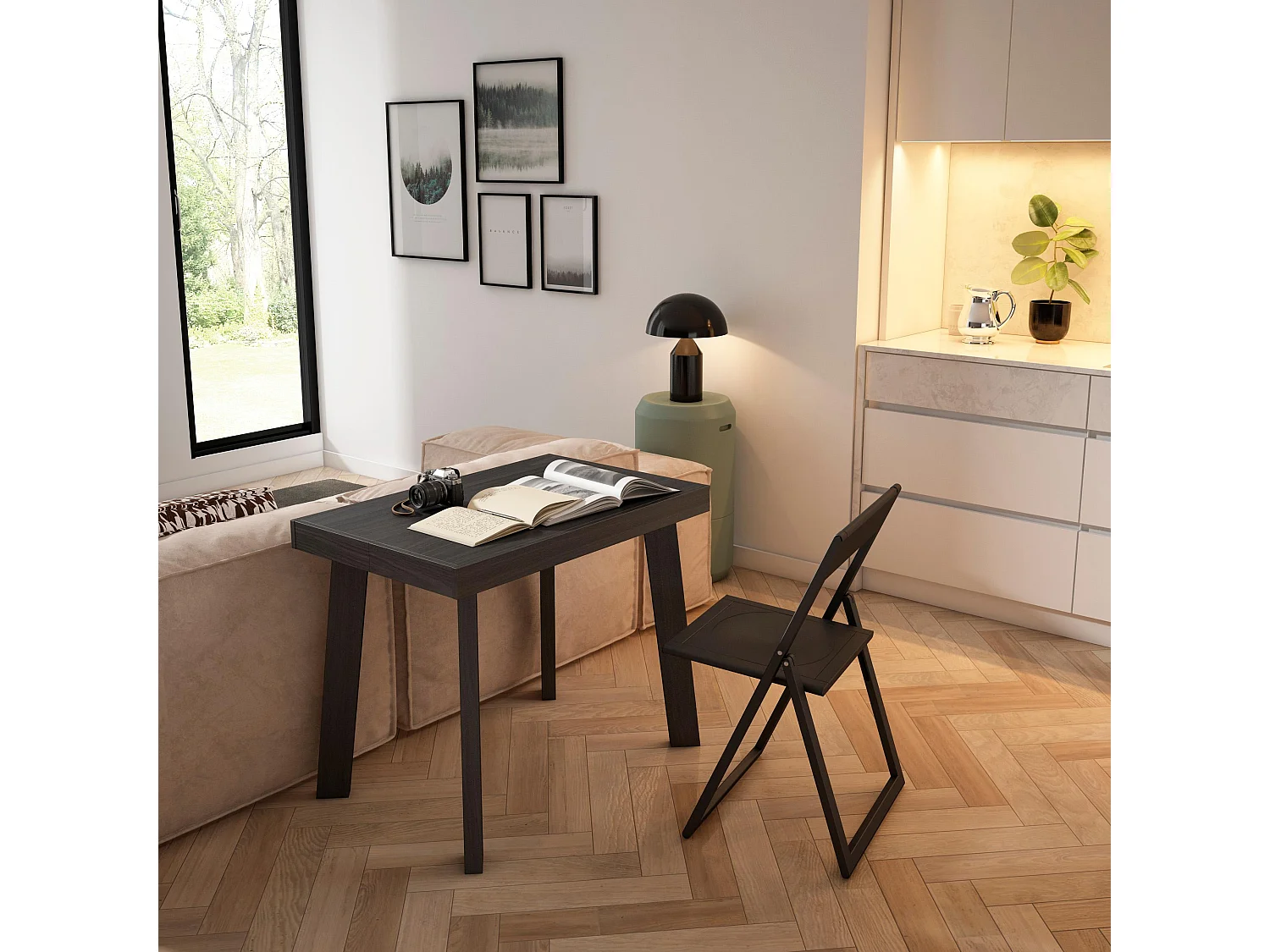 Table console extensible, 222x90x73cm, Pour 10 personnes, Pieds en bois, Noir