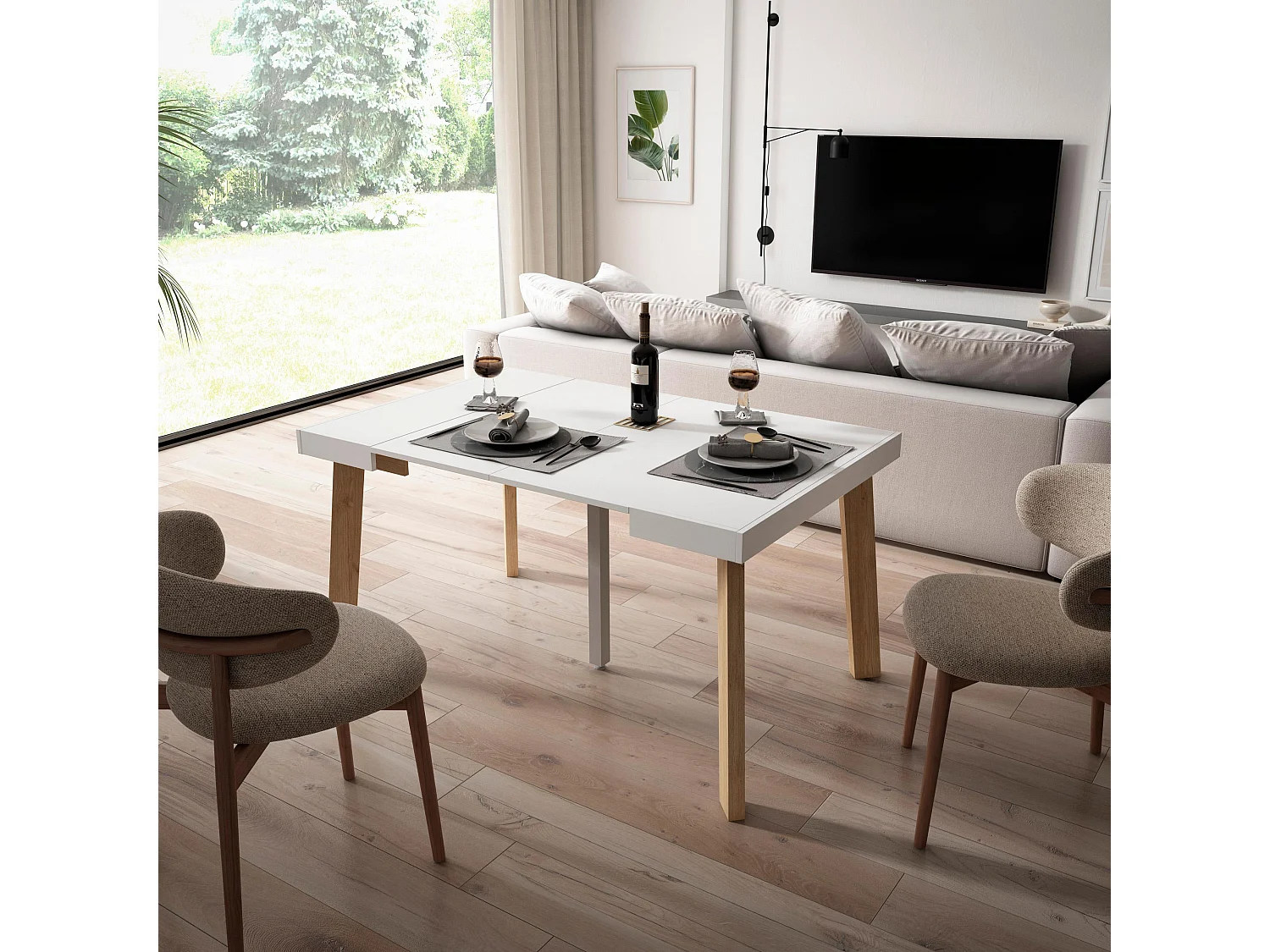 Table console extensible, 140x90x73cm, Pour 6 personnes, Pieds en bois, Blanc