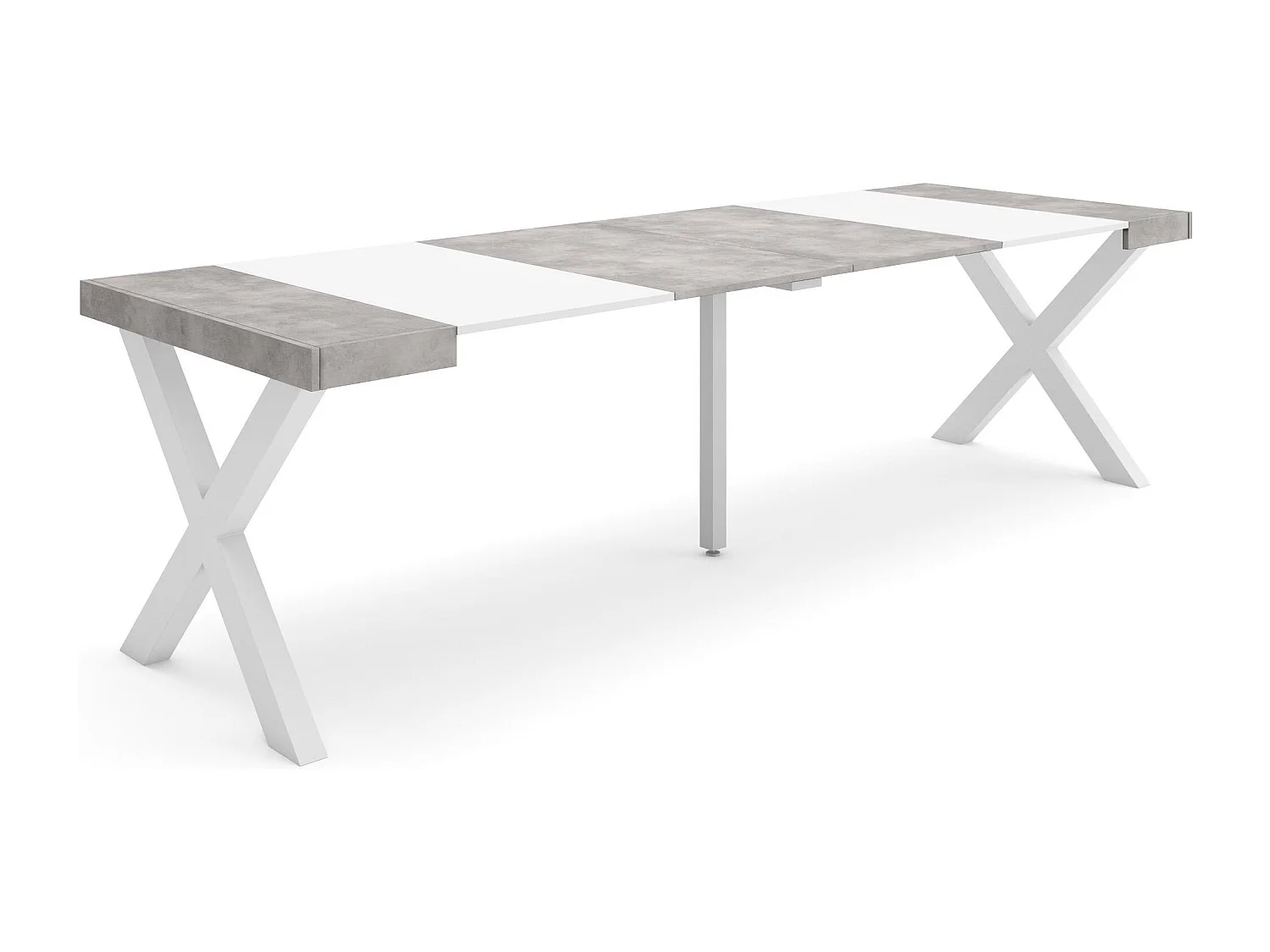 Consolle allungabile, 262x90x73cm, Per 12 persone, Gambe in legno, Bianco e cemento