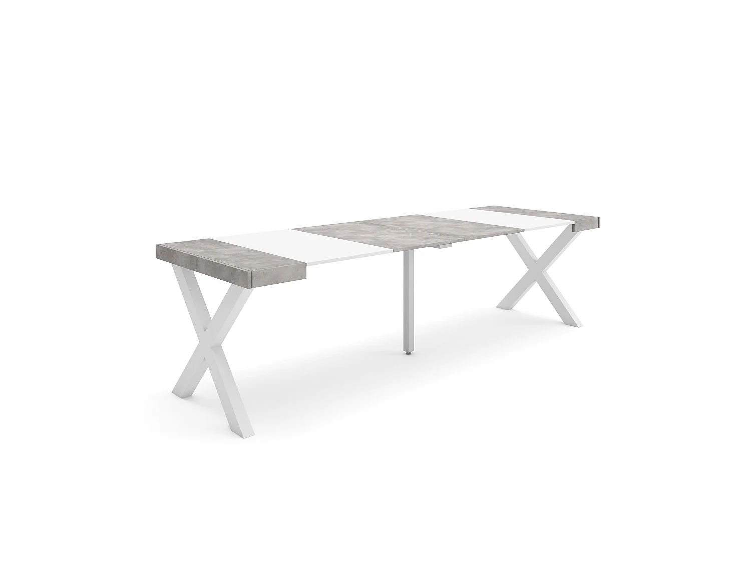 Mesa Consola extensible, 262x90x73cm, Para 12 comensales, Patas madera maciza, Blanco y Cemento