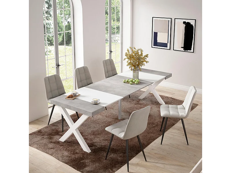 Table console extensible, 262x90x73cm, Pour 12 personnes, Pieds bois massif, Blanc et ciment