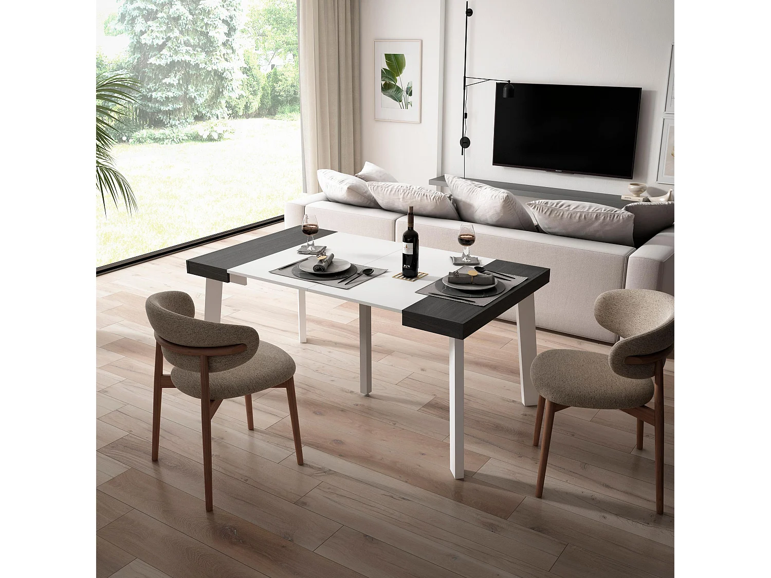 Table console extensible, 160x90x73cm, Pour 8 personnes, Pieds en bois, Blanc et noir