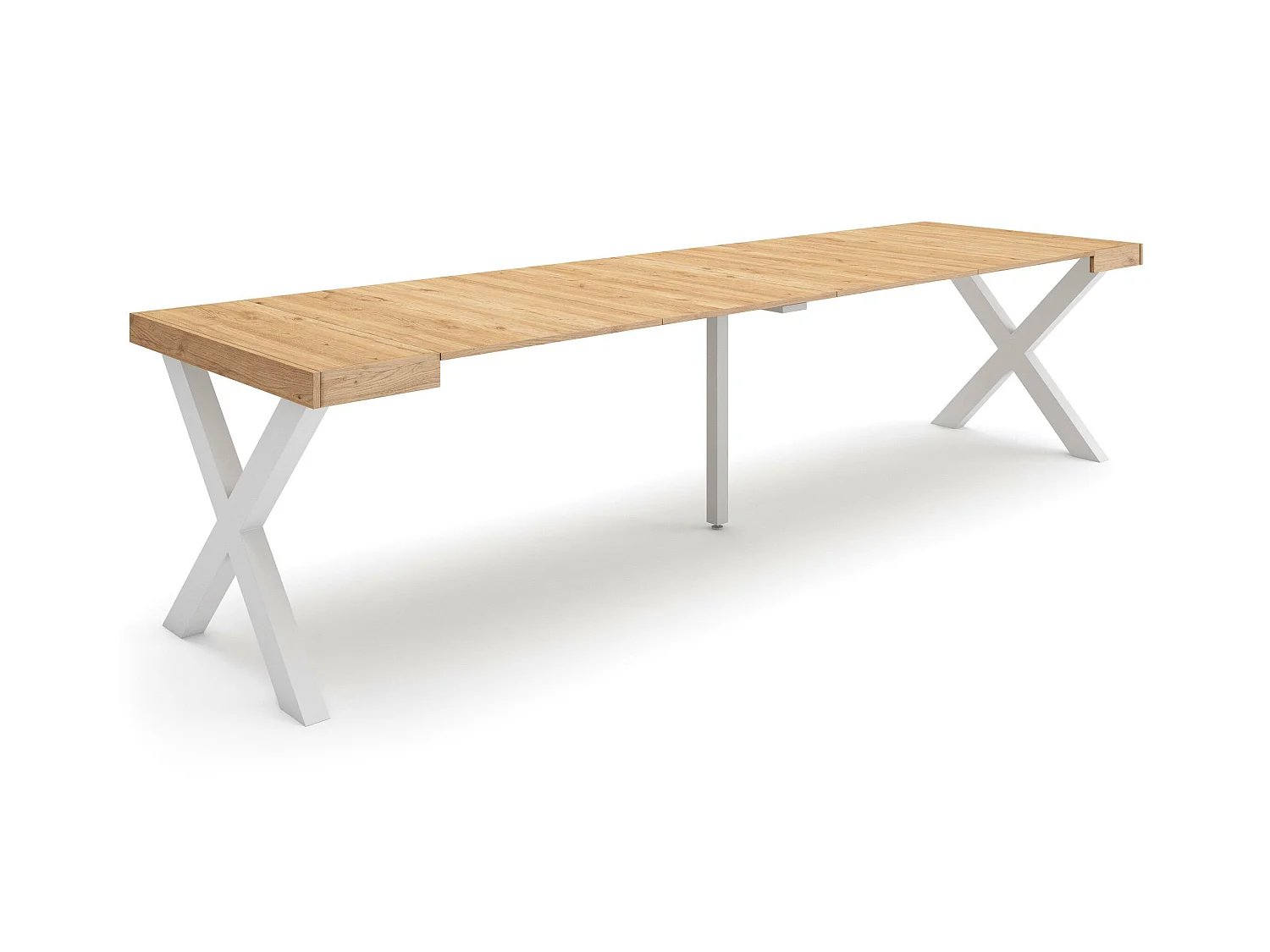 Table console extensible, 302x90x73cm, Pour 14 personnes, Pieds bois massif, Chêne