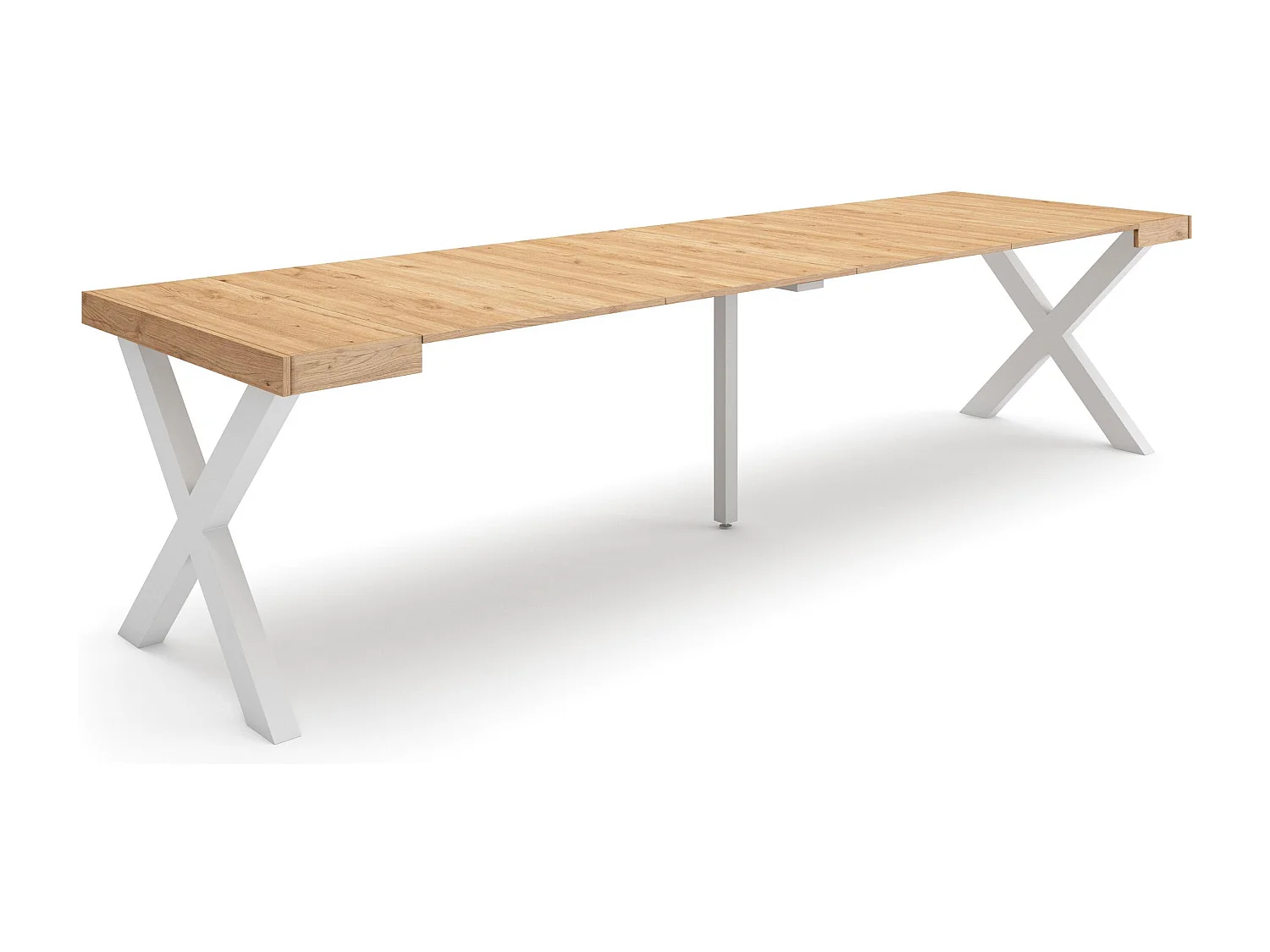 Table console extensible, 302x90x73cm, Pour 14 personnes, Pieds bois massif, Chêne