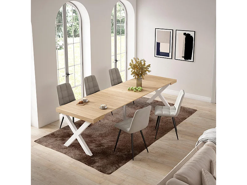 Table console extensible, 302x90x73cm, Pour 14 personnes, Pieds bois massif, Chêne