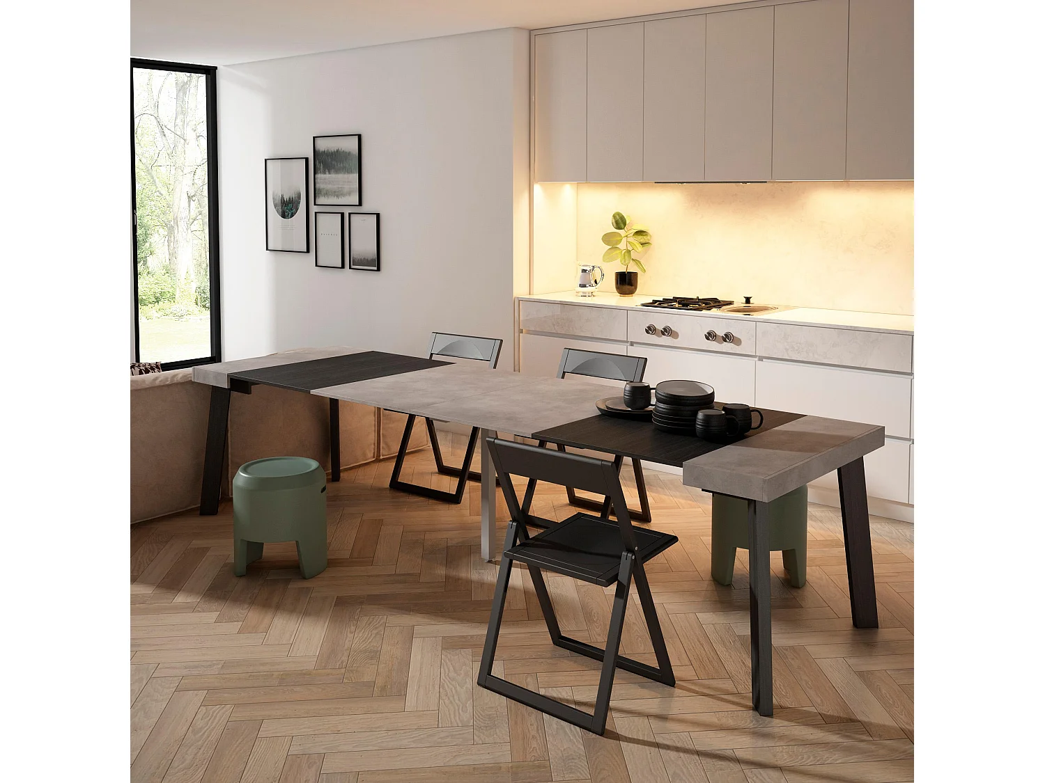 Consolle allungabile, 302x90x73cm, Per 14 persone, Gambe in legno, Cemento