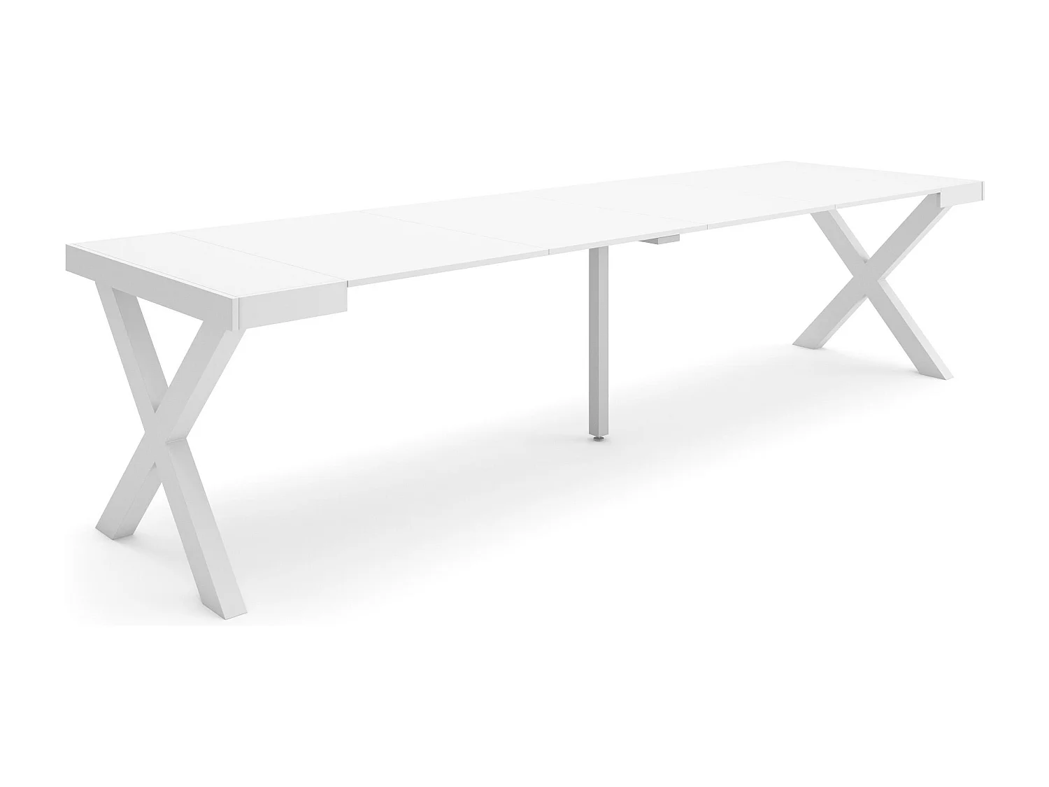 Table console extensible, 302x90x73cm, Pour 14 personnes, Pieds bois massif, Blanc