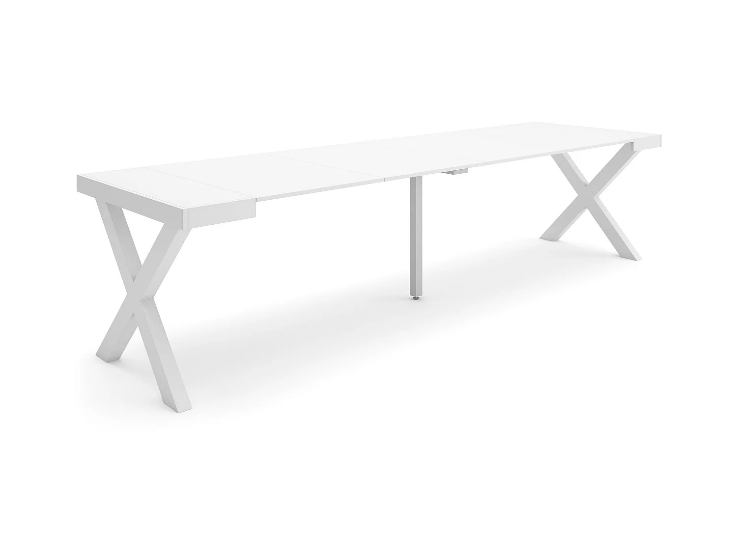 Table console extensible, 302x90x73cm, Pour 14 personnes, Pieds bois massif, Blanc