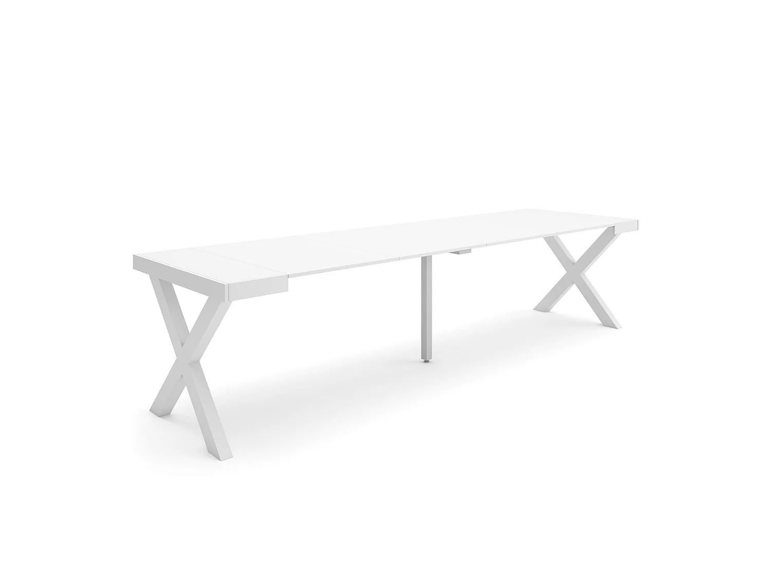 Table console extensible, 302x90x73cm, Pour 14 personnes, Pieds bois massif, Blanc