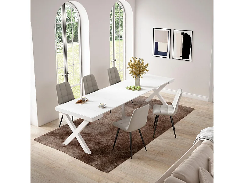 Table console extensible, 302x90x73cm, Pour 14 personnes, Pieds bois massif, Blanc