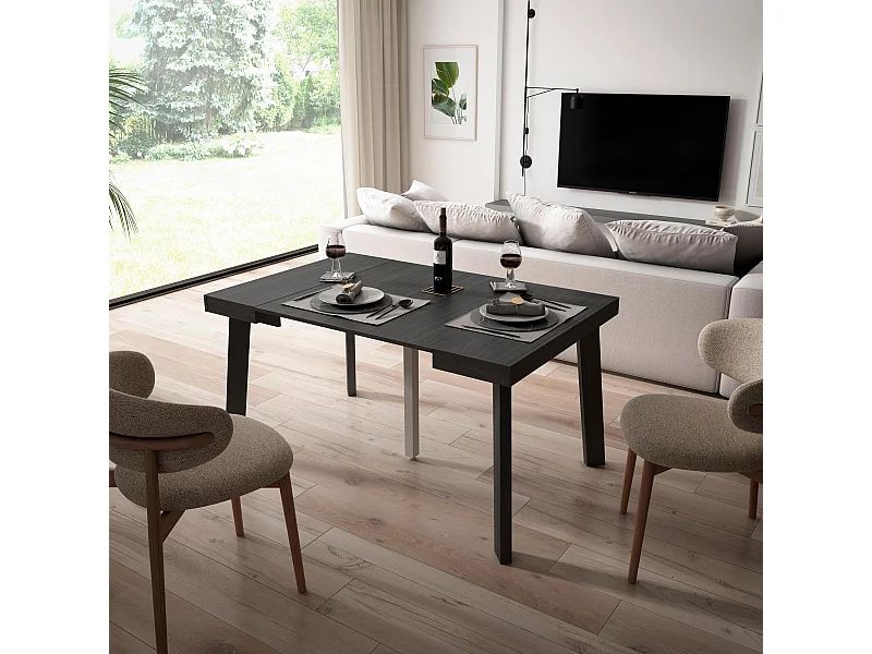 Ausziehbarertisch, 140x90x73cm, Für 6 Gäste, Hölzerne Beine, Schwarz