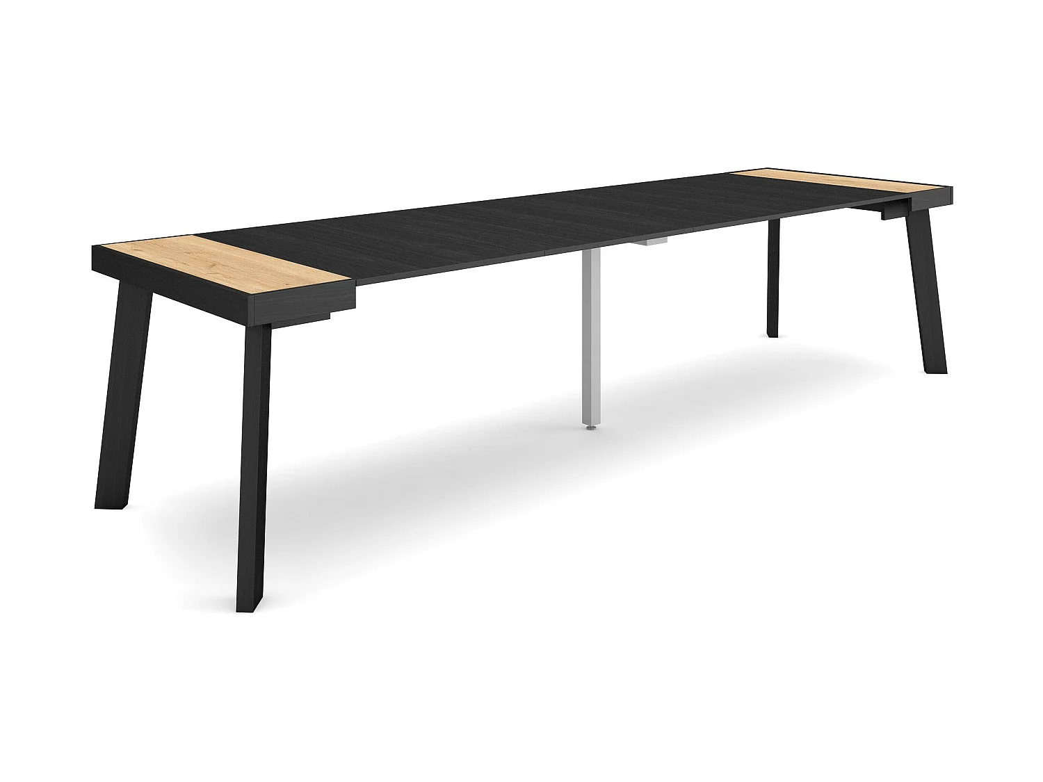 Table console extensible, 302x90x73cm, Pour 14 personnes, Pieds en bois, Chêne et noir