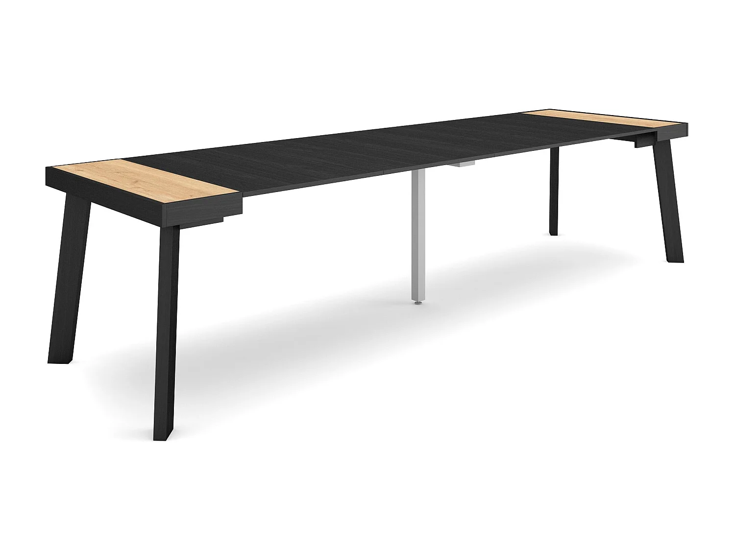 Table console extensible, 302x90x73cm, Pour 14 personnes, Pieds en bois, Chêne et noir