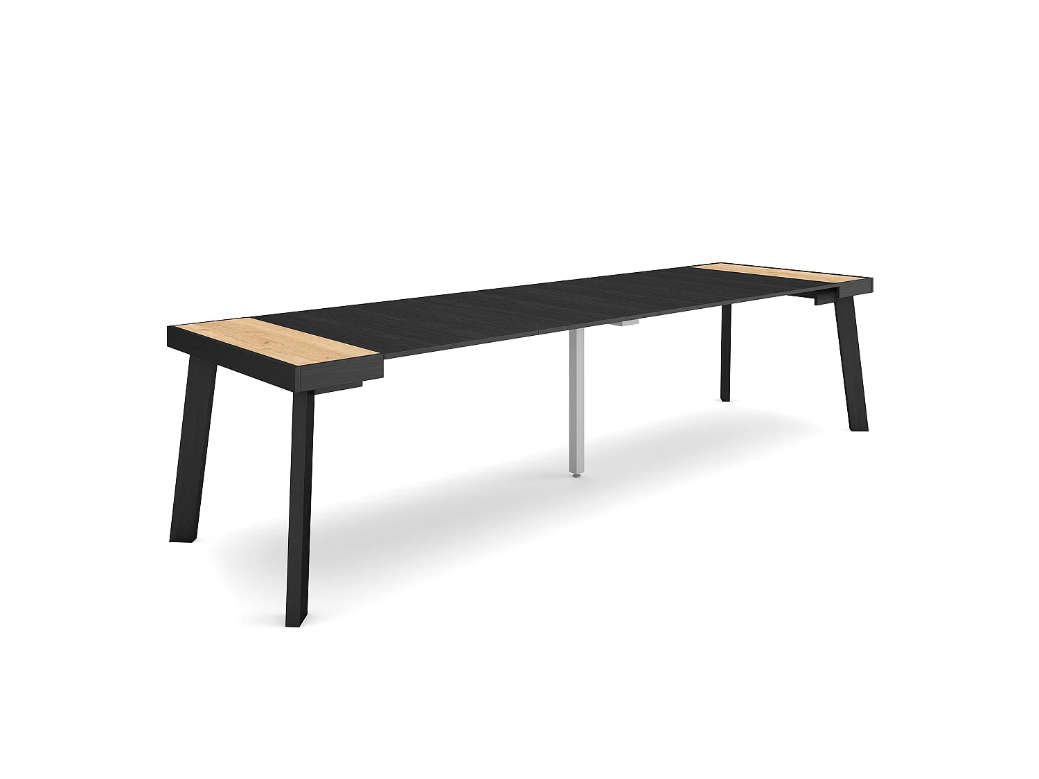 Table console extensible, 302x90x73cm, Pour 14 personnes, Pieds en bois, Chêne et noir