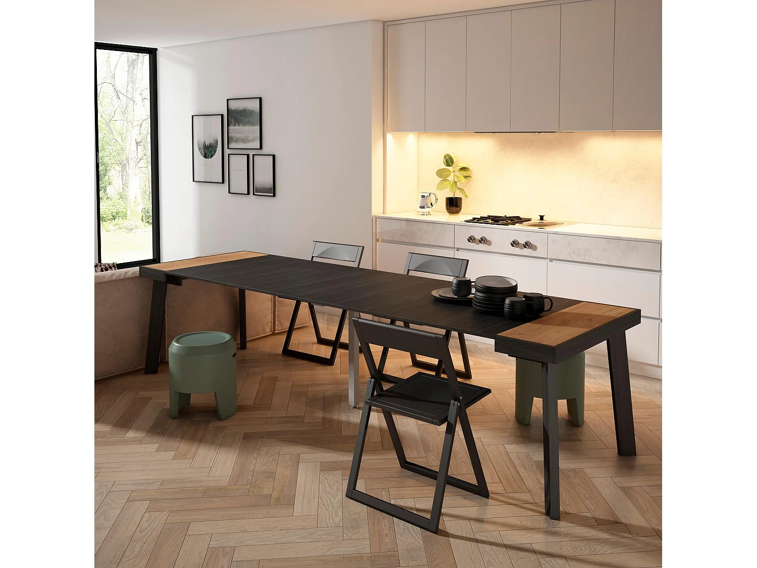 Table console extensible, 302x90x73cm, Pour 14 personnes, Pieds en bois, Chêne et noir