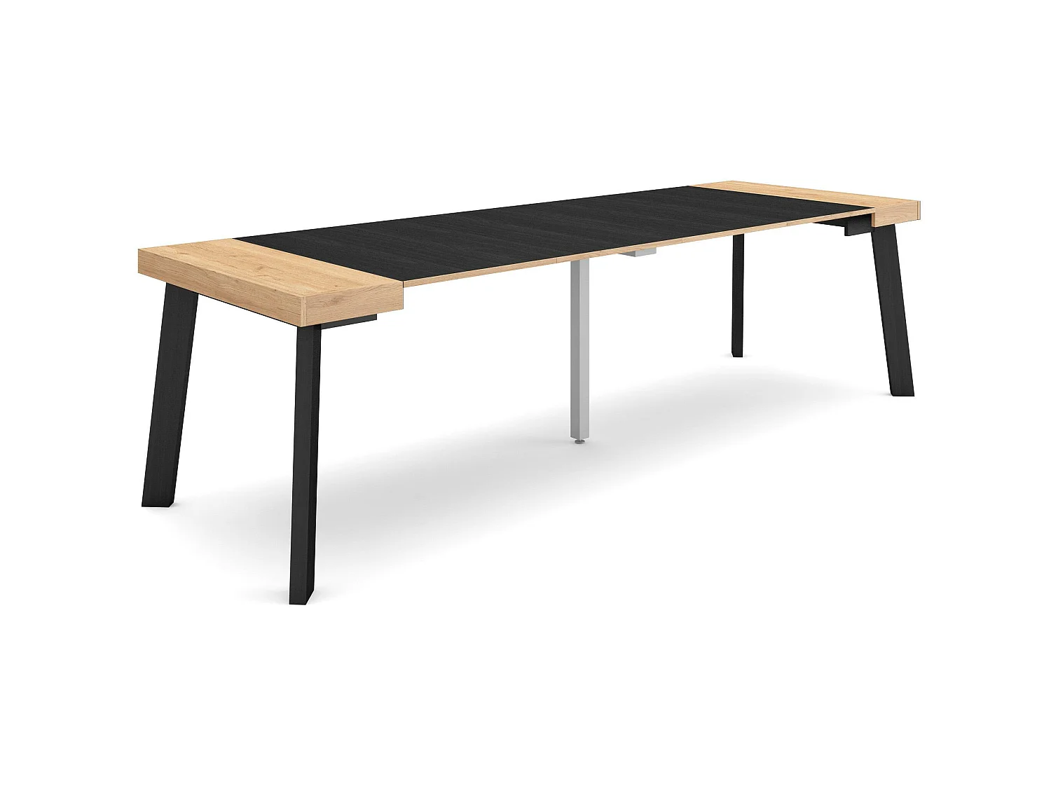 Table console extensible, 262x90x73cm, Pour 12 personnes, Pieds en bois, Chêne et noir