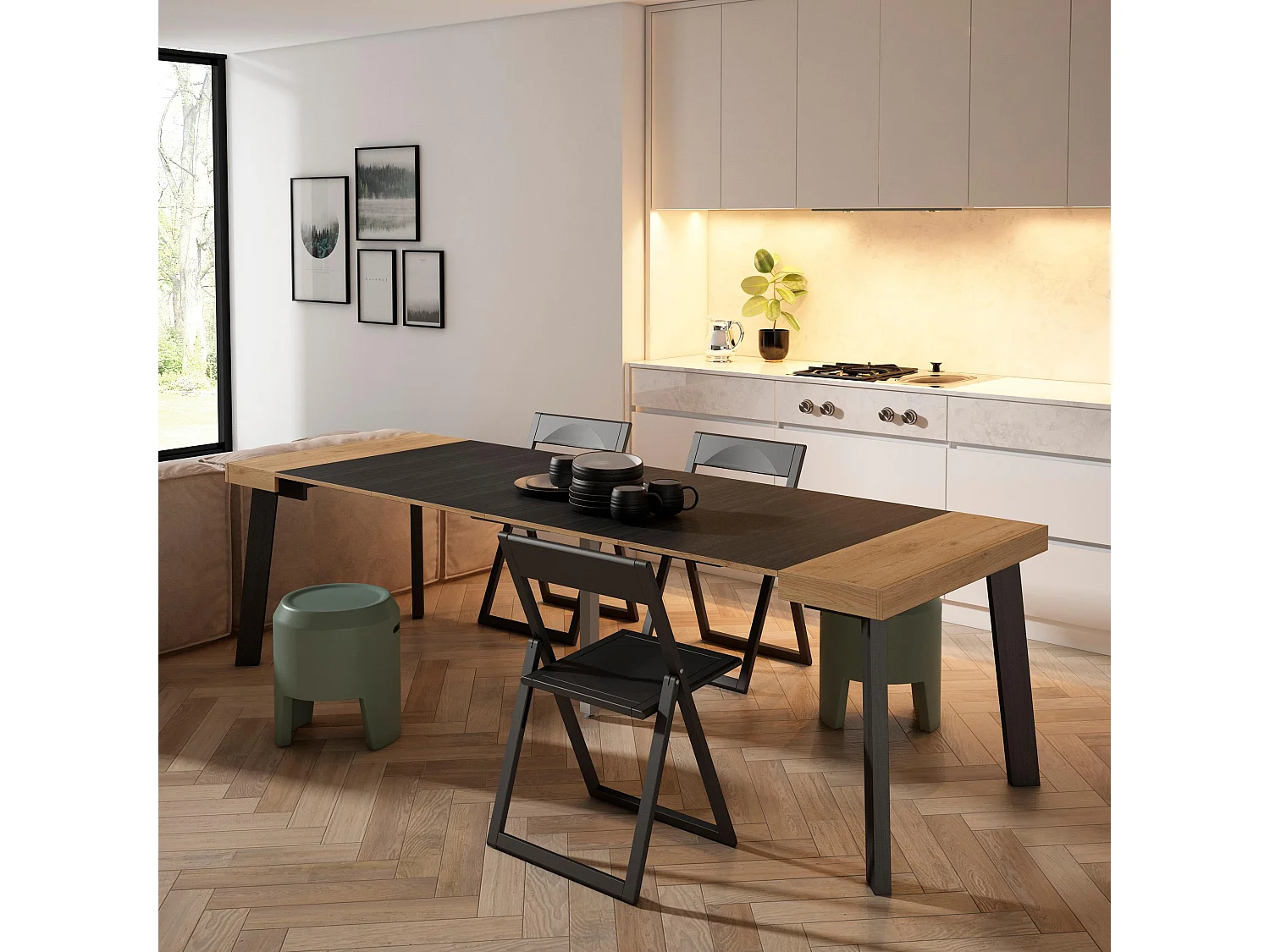 Table console extensible, 262x90x73cm, Pour 12 personnes, Pieds en bois, Chêne et noir