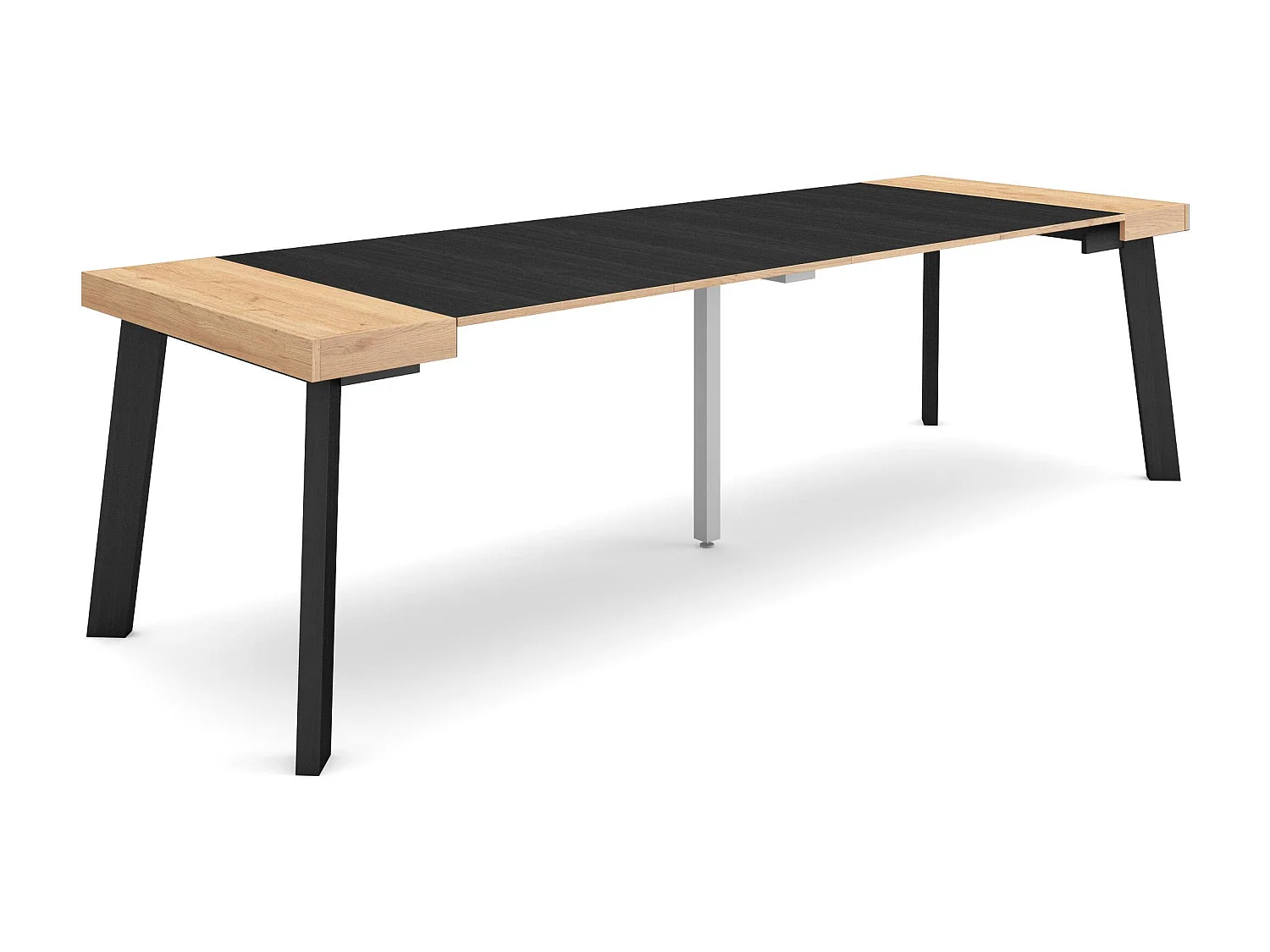 Table console extensible, 262x90x73cm, Pour 12 personnes, Pieds en bois, Chêne et noir