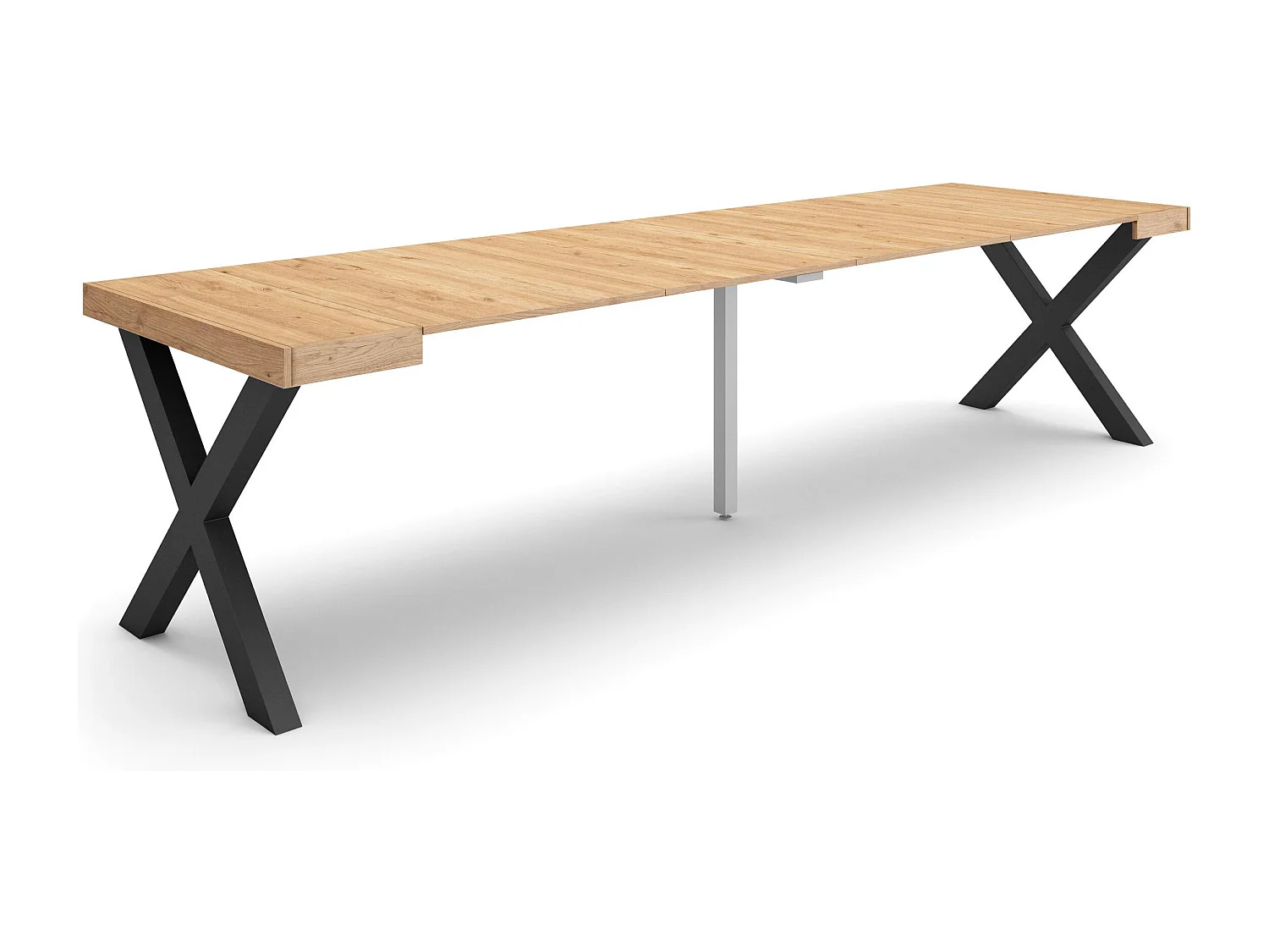 Uitschuifbare Consoletafel, 302x90x73cm, Voor 14 personen, Massief houten poten, Eiken