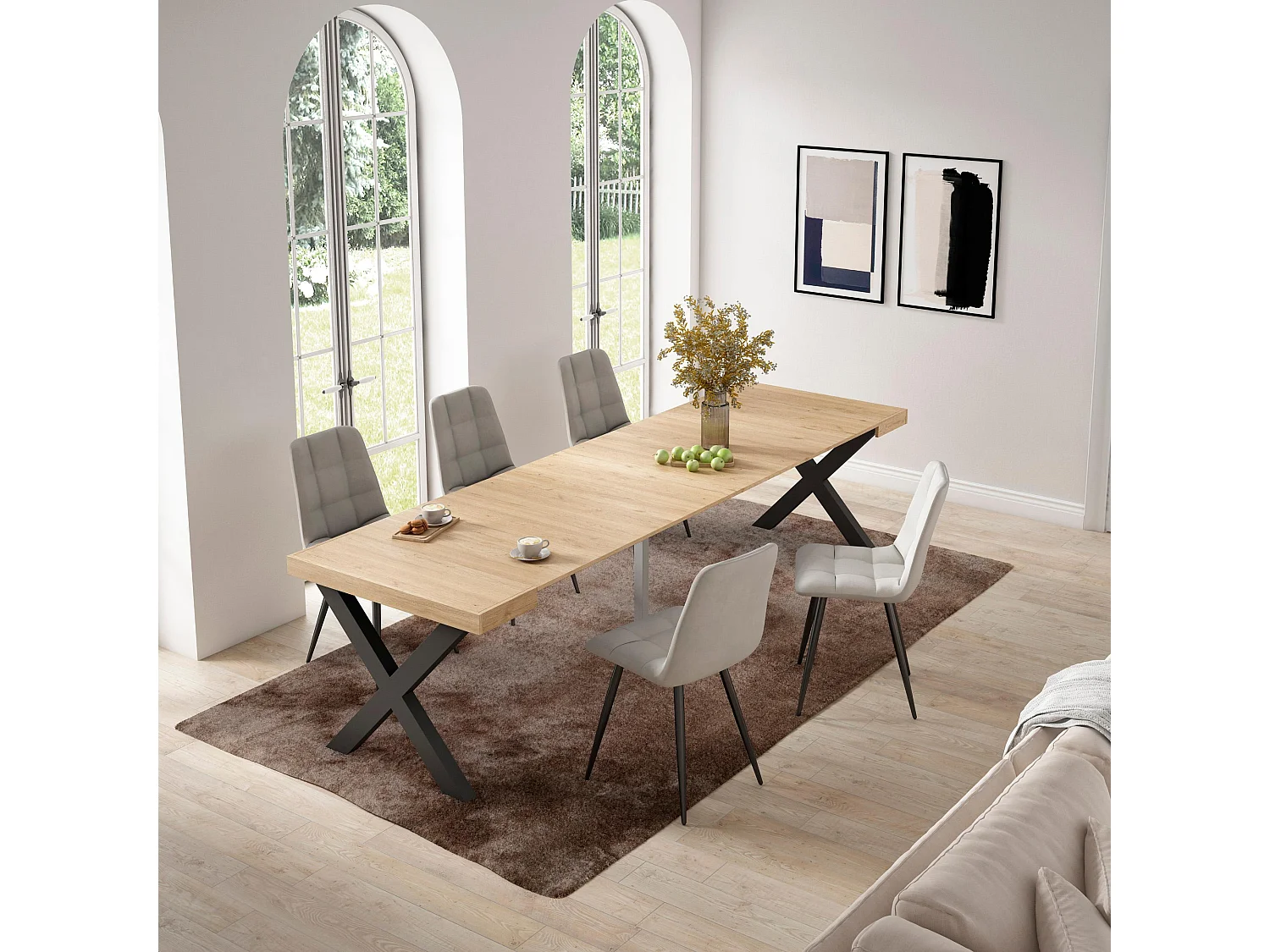 Table console extensible, 302x90x73cm, Pour 14 personnes, Pieds bois massif, Chêne