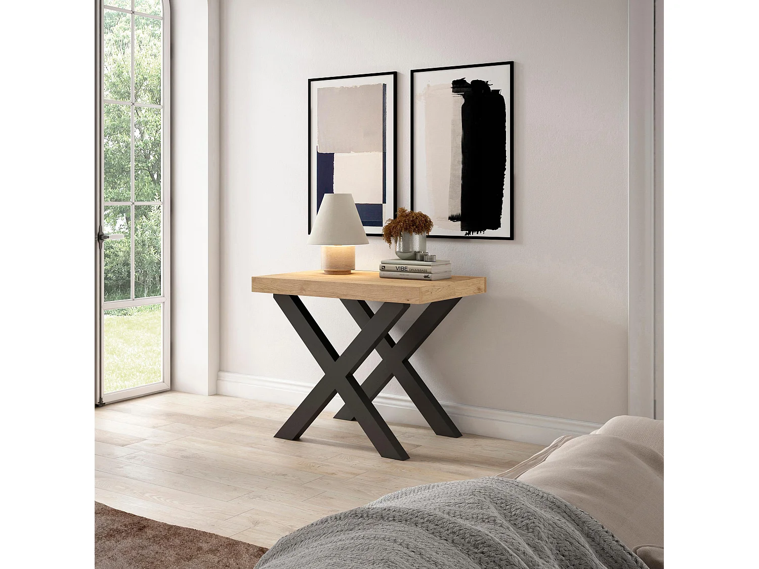 Mesa Consola Extensível, 302x90x73cm, Para 14 pessoas, Pés de madeira, Carvahlo